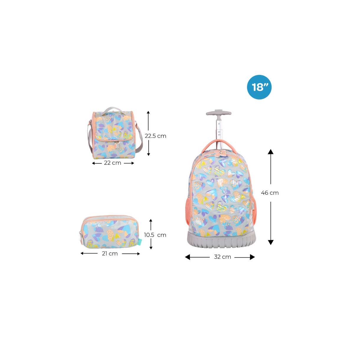 Moon 18" Pink 3-in-1 Trolley Backpack + Lunch Bag + Pencil Case Set