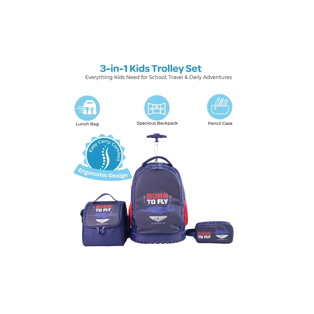 Moon 18" Blue 3-in-1 Trolley Backpack + Lunch Bag + Pencil Case Set