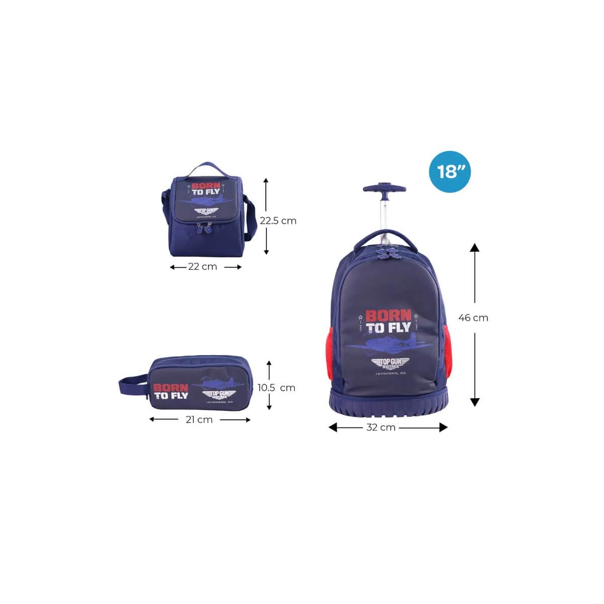 Moon 18" Blue 3-in-1 Trolley Backpack + Lunch Bag + Pencil Case Set