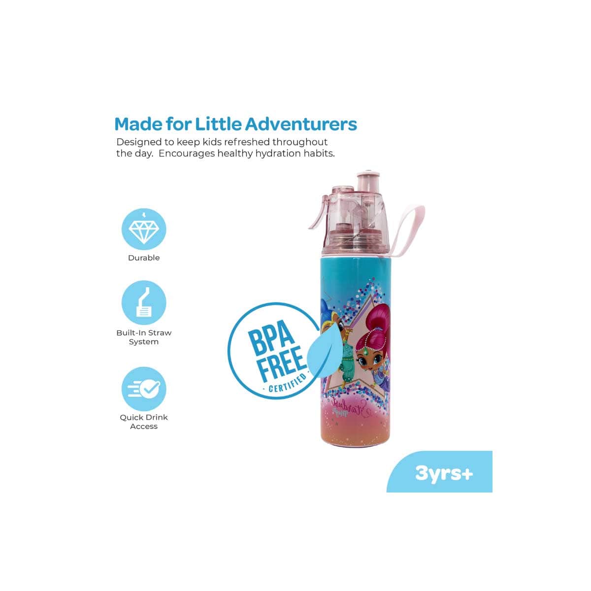 Moon 500ml Licensed Shimmer & Shine Kids Insulated Mist Spray Water Bottle