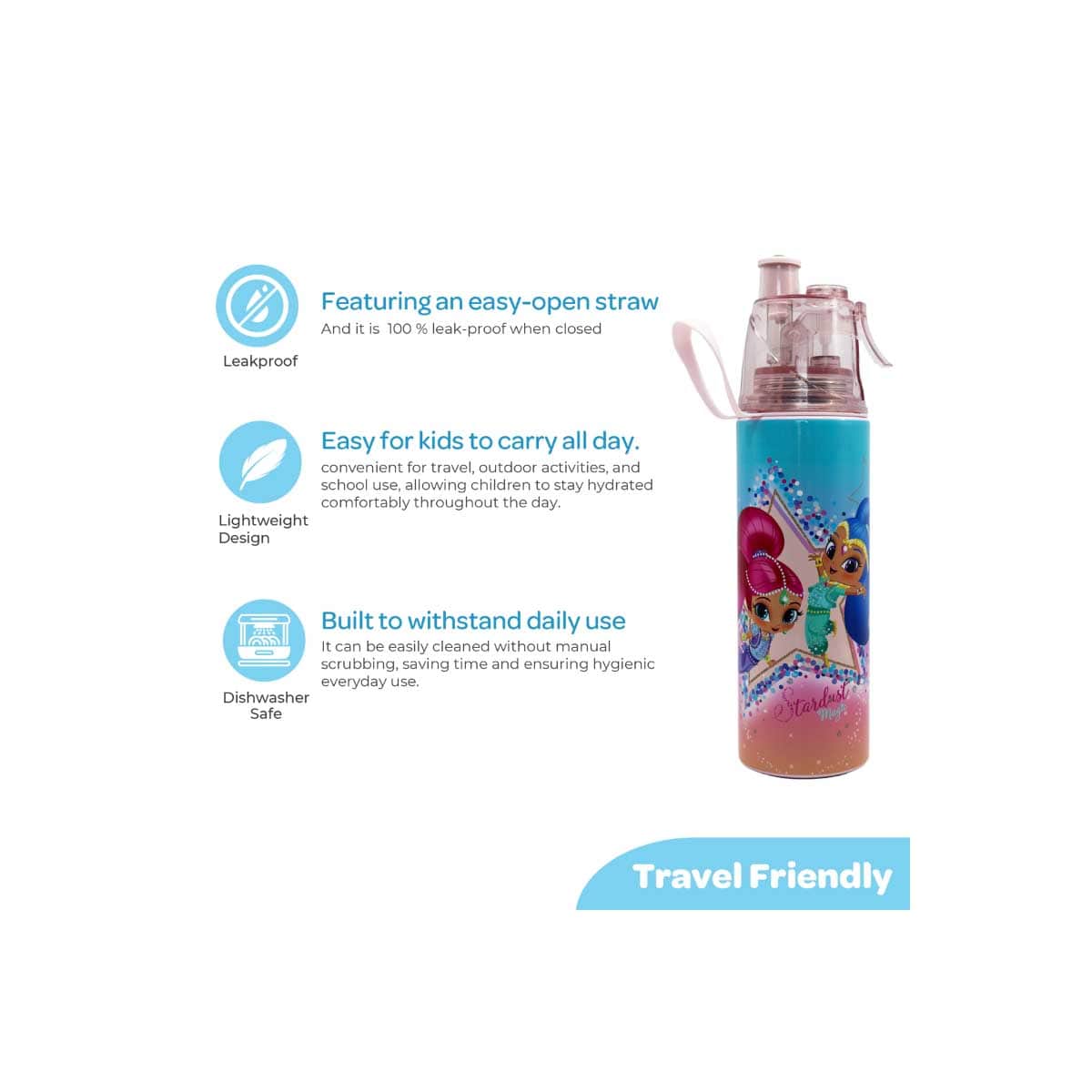 Moon 500ml Licensed Shimmer & Shine Kids Insulated Mist Spray Water Bottle