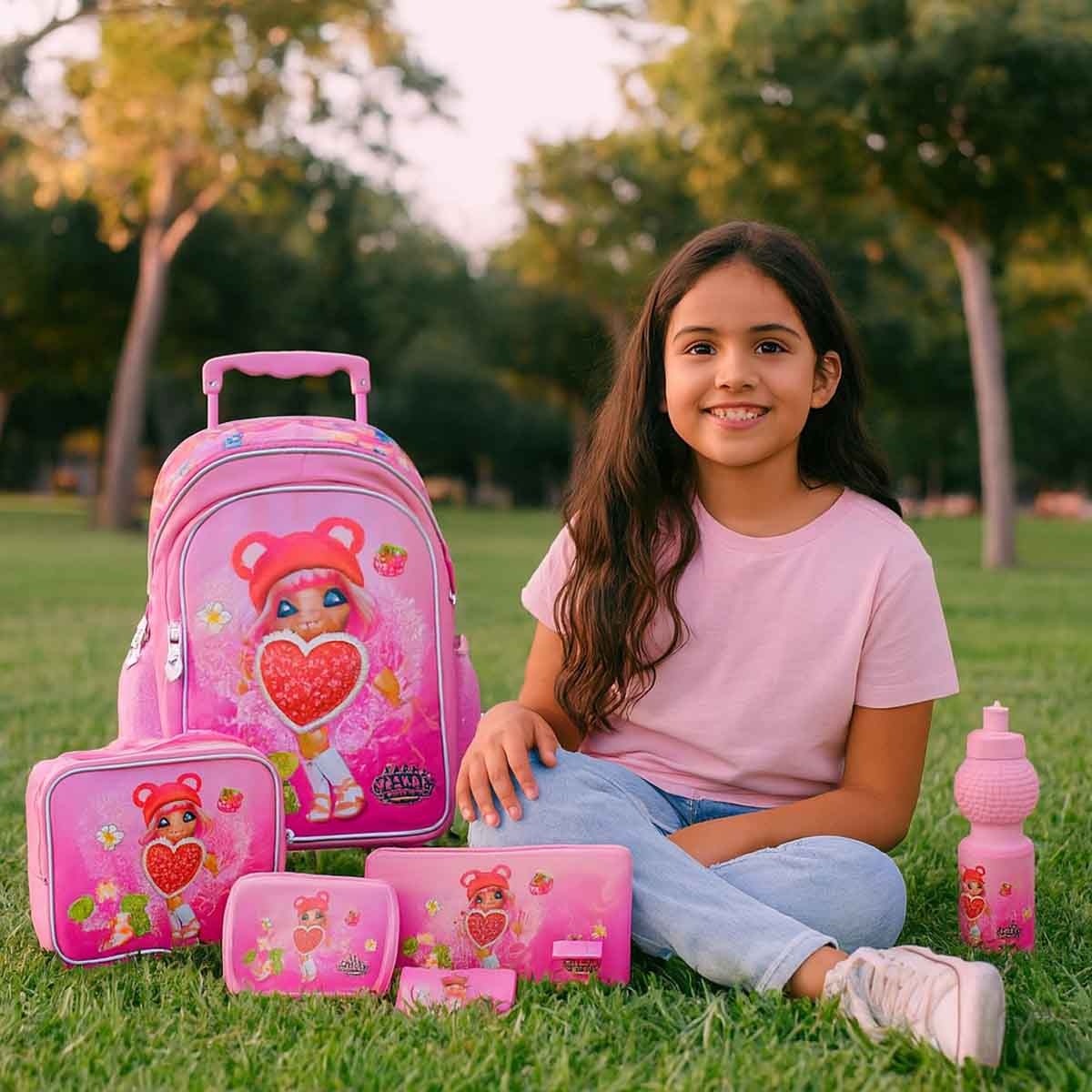 نا! نا! نا! مجموعة حقيبة ترولي مقاس 18 انش مع حقيبة غداء ومقلمة وزجاجة مياه وصندوق طعام للجنسين من عمر 5-7 سنوات