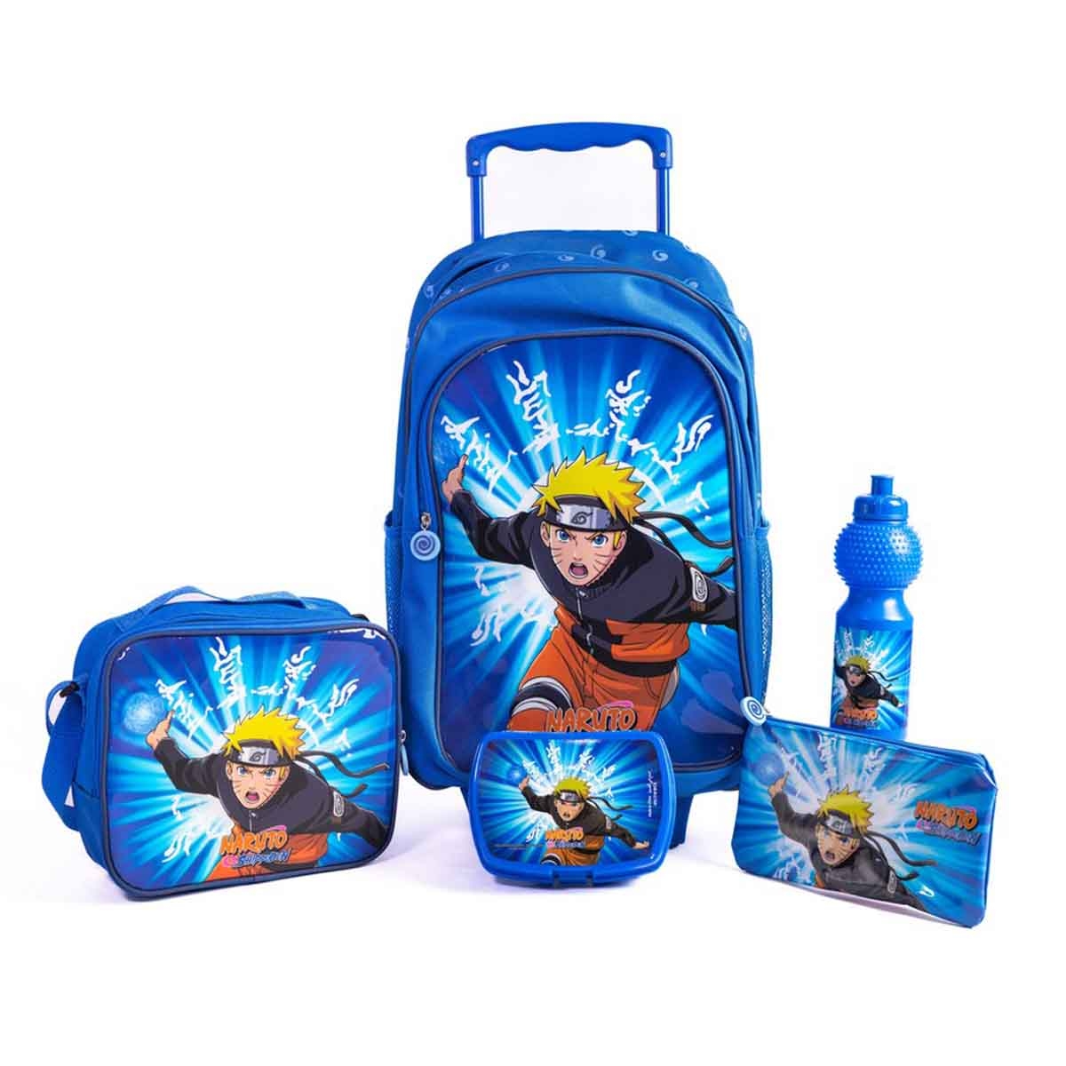 Naruto 18" Blue Trolley Bag Set with Lunch Bag, Pencil Case, Water Bottle & Lunch Box
