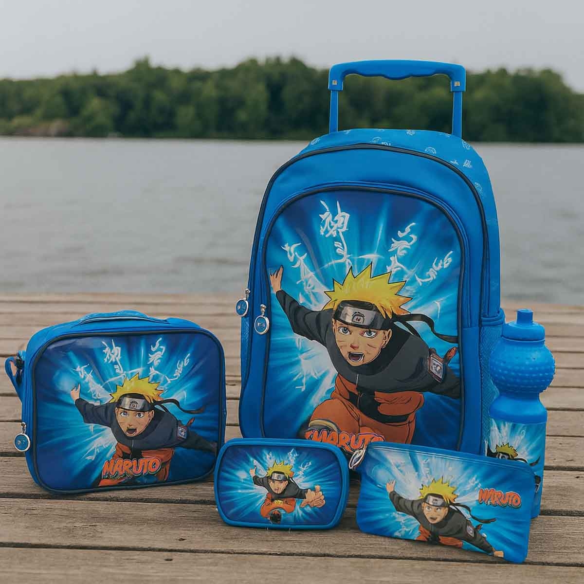 Naruto 18" Blue Trolley Bag Set with Lunch Bag, Pencil Case, Water Bottle & Lunch Box