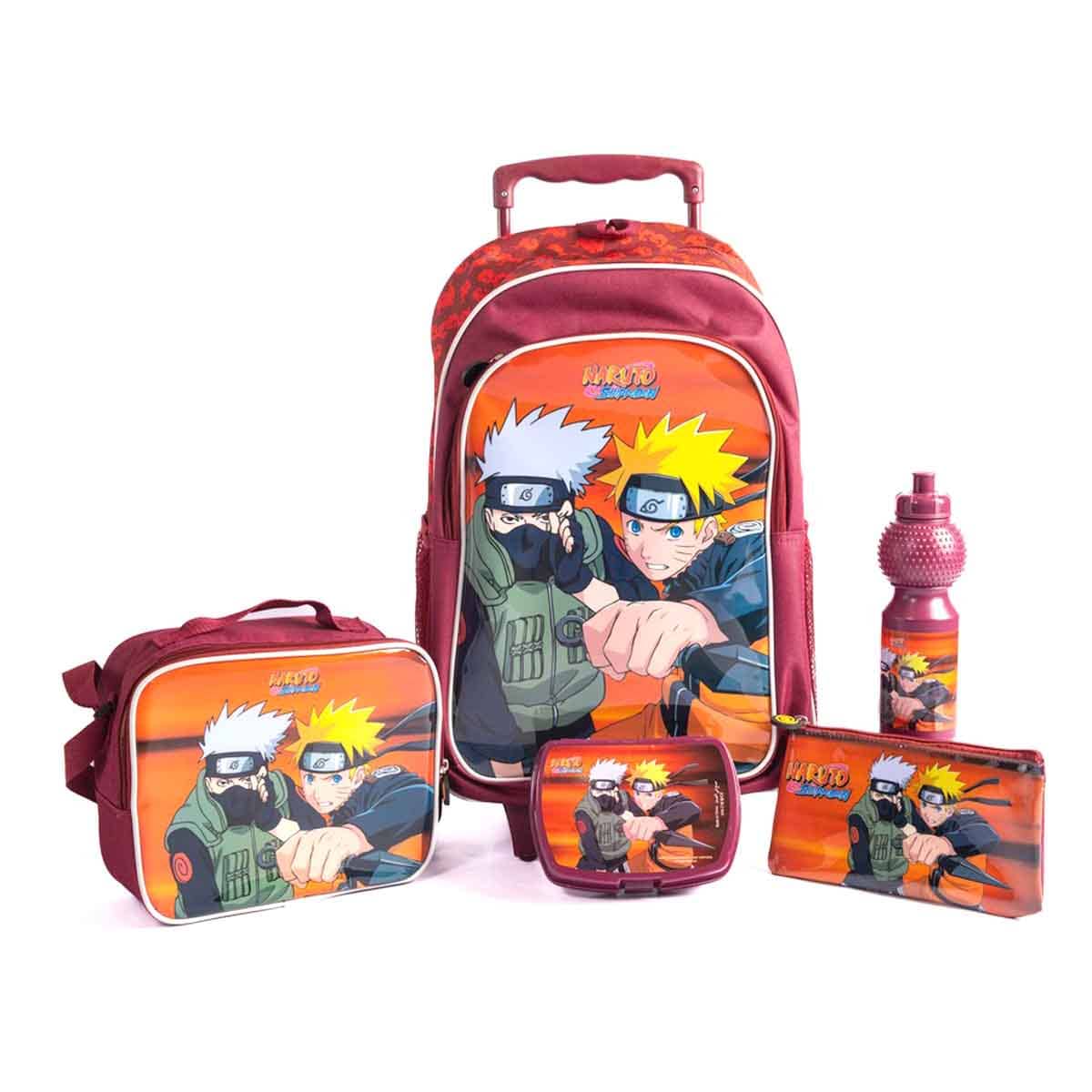 Naruto 18" Maroon Trolley Bag Set with Lunch Bag, Pencil Case, Water Bottle & Lunch Box