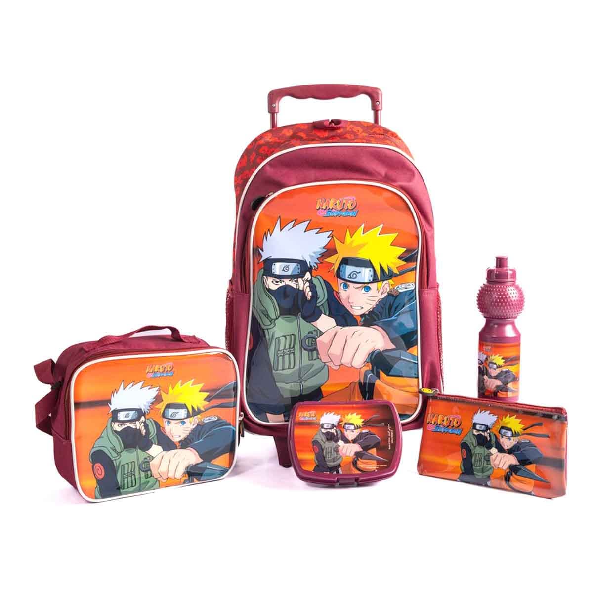 Naruto 18" Maroon Trolley Bag Set with Lunch Bag, Pencil Case, Water Bottle & Lunch Box