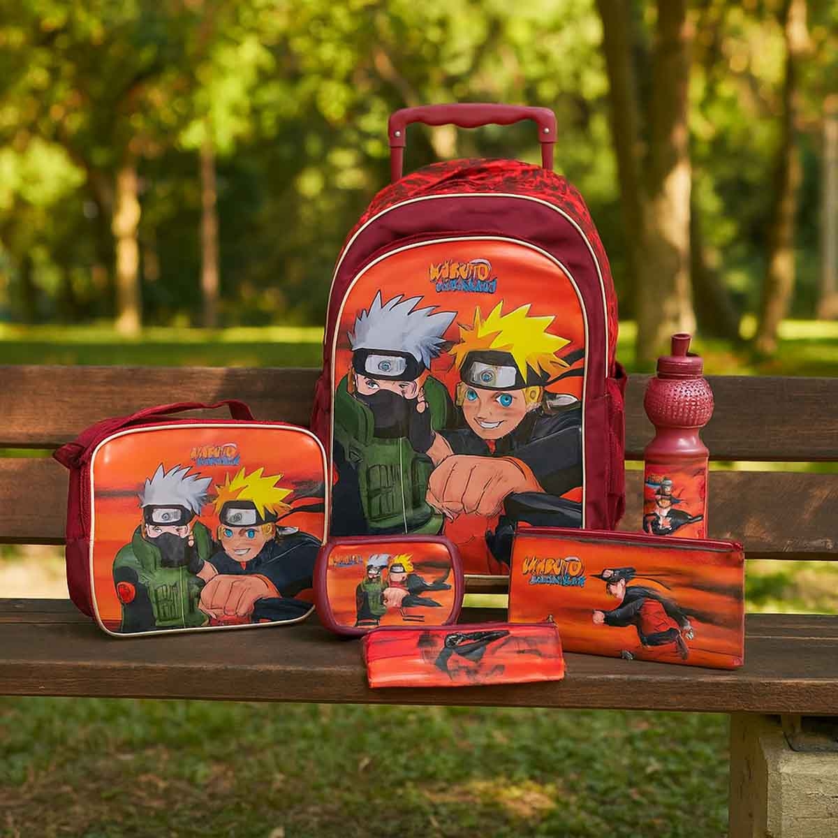 ناروتو مجموعة حقيبة ترولي باللون العنابي مقاس 18 انش مع حقيبة غداء ومقلمة وزجاجة مياه وصندوق طعام
