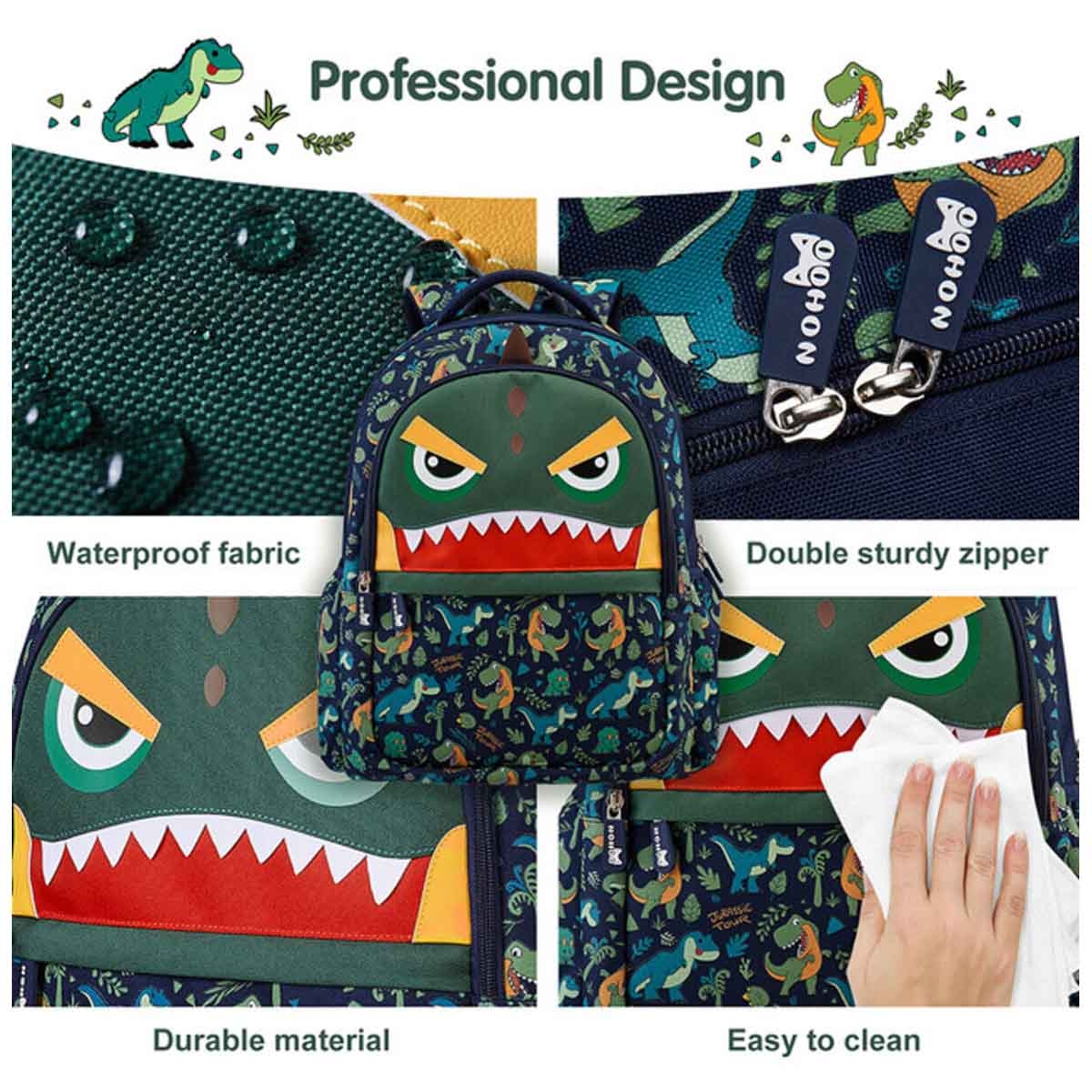 نوهو حقيبة مدرسية ديناصور 16 إنش للأطفال باللون الأخضر للجنسين، 3-4 سنوات