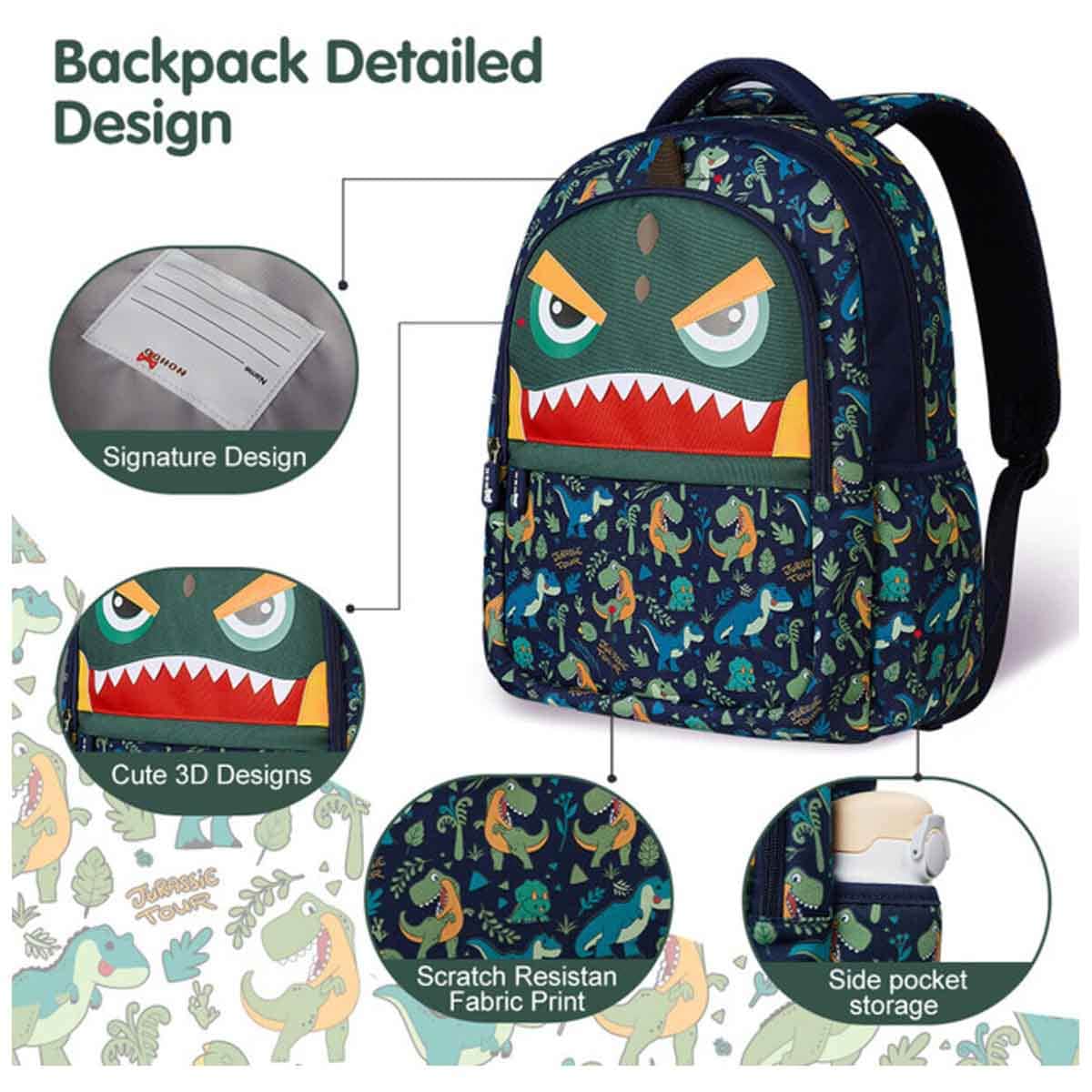 Nohoo Kids 16" Dino Green School Bag Unisex, 3-4 Years