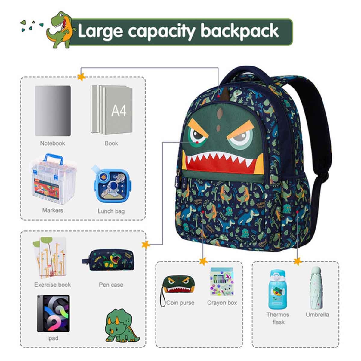 نوهو حقيبة مدرسية ديناصور 16 إنش للأطفال باللون الأخضر للجنسين، 3-4 سنوات