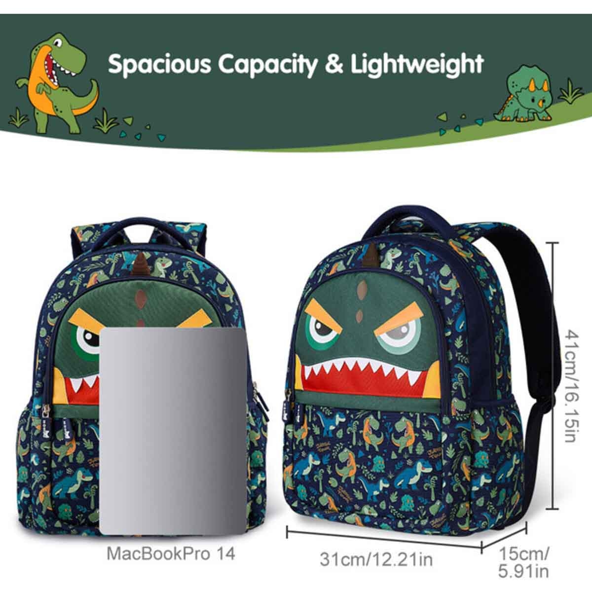 نوهو حقيبة مدرسية ديناصور 16 إنش للأطفال باللون الأخضر للجنسين، 3-4 سنوات