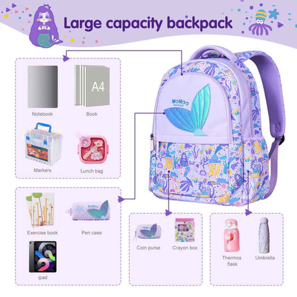 Nohoo Kids 16" Purple Mermaid School Bag