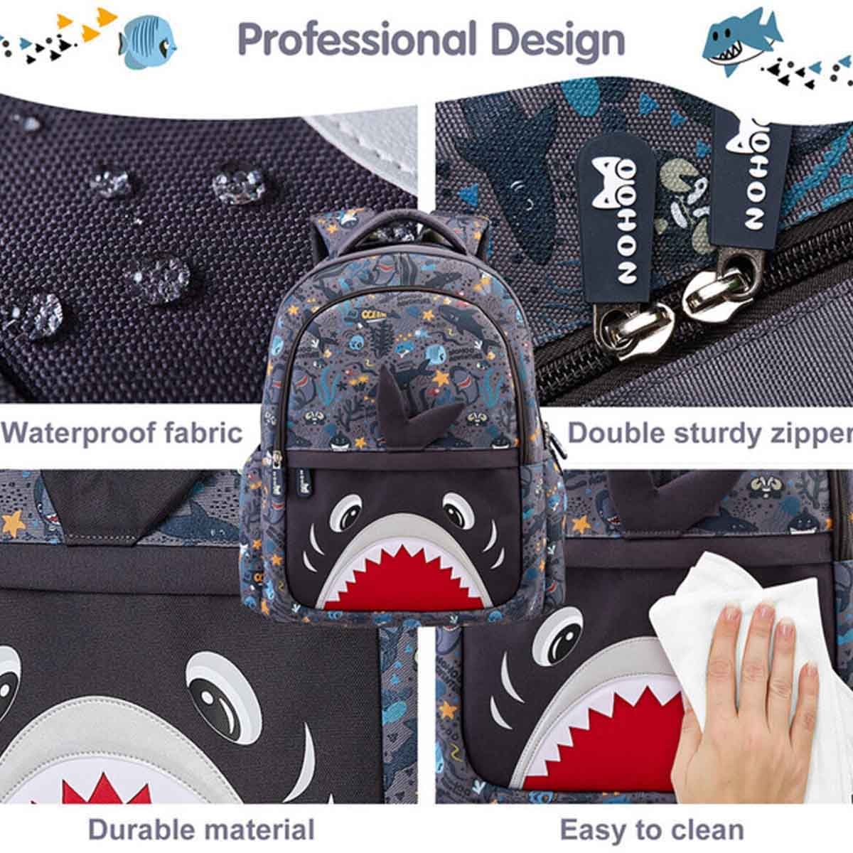 نوهو حقيبة مدرسية قرش 16 إنش للأطفال باللون الرمادي للجنسين، 3-4 سنوات