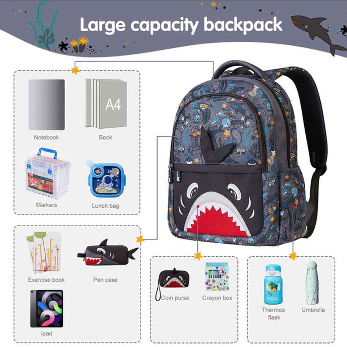 نوهو حقيبة مدرسية قرش 16 إنش للأطفال باللون الرمادي للجنسين، 3-4 سنوات