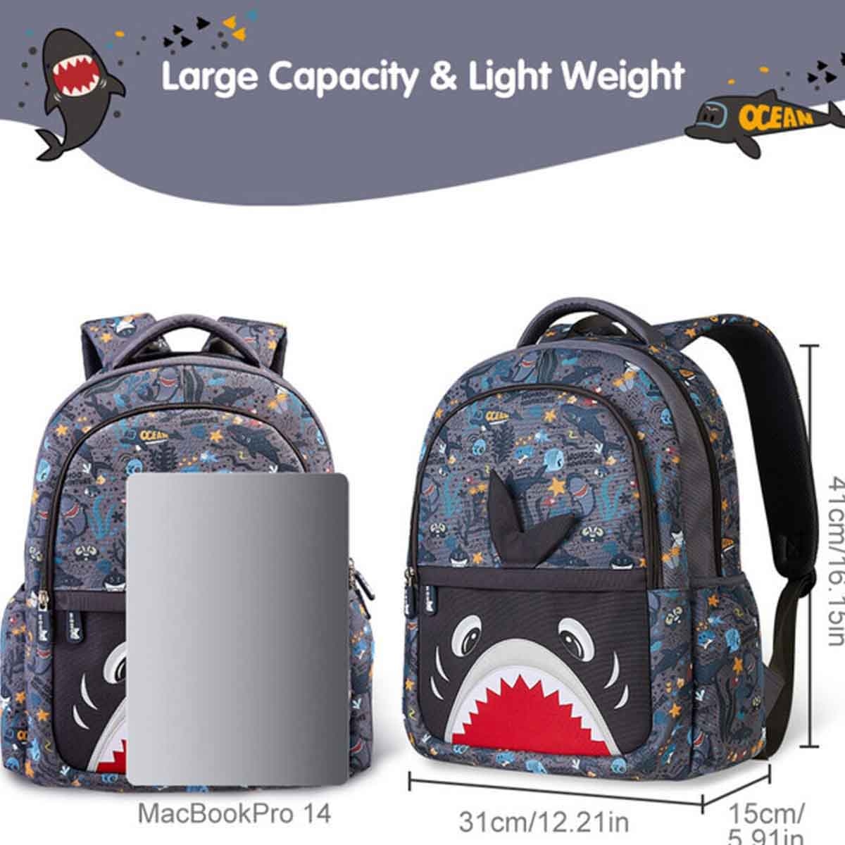 نوهو حقيبة مدرسية قرش 16 إنش للأطفال باللون الرمادي للجنسين، 3-4 سنوات