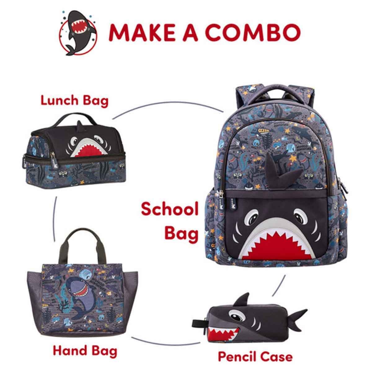 نوهو حقيبة مدرسية قرش 16 إنش للأطفال باللون الرمادي للجنسين، 3-4 سنوات