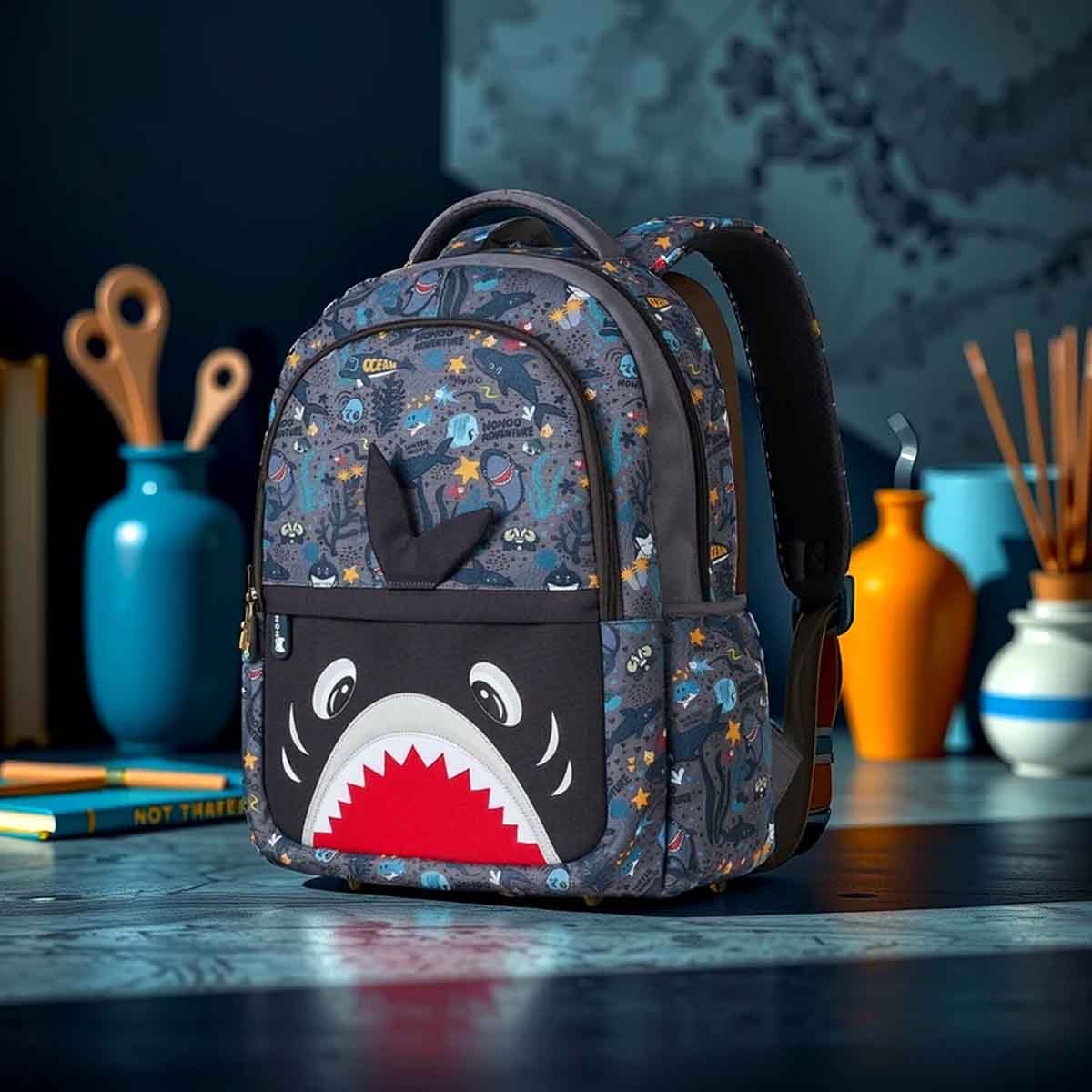 نوهو مجموعة حقيبة مدرسية 16 إنش بتصميم سمكة القرش مع حقيبة يد