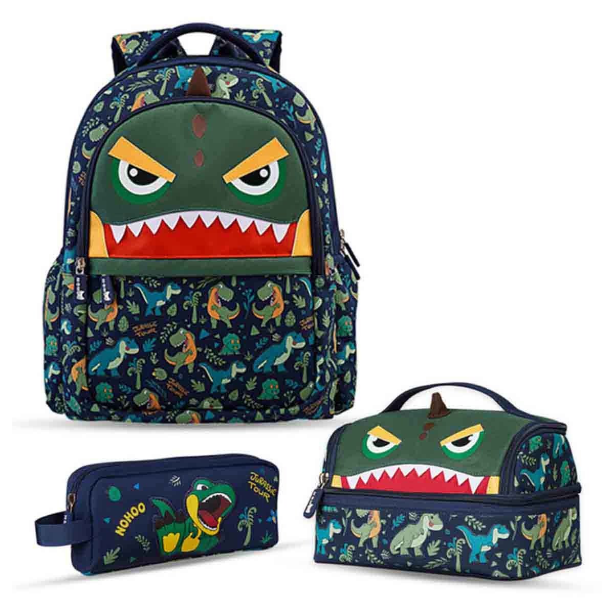 نوهو مجموعة 3 في 1 حقيبة مدرسية 16 إنش بتصميم ديناصور مع حقيبة غداء وحقيبة أقلام