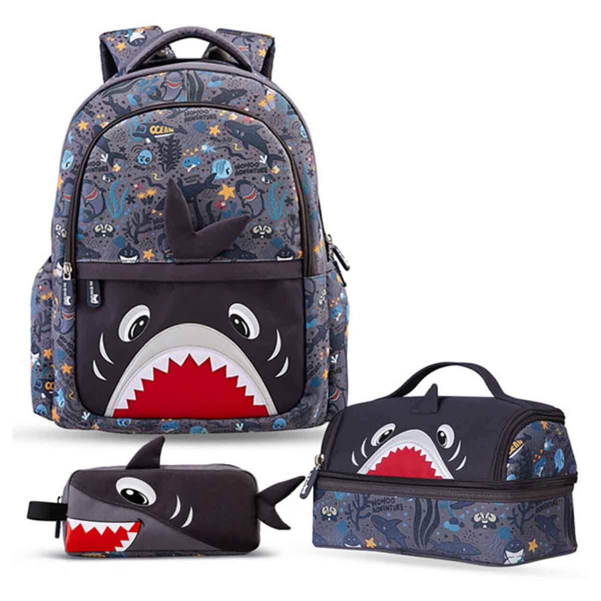 Nohoo Kids 16" Shark 3-in-1 School Bag with Lunch Bag & Pencil Case
