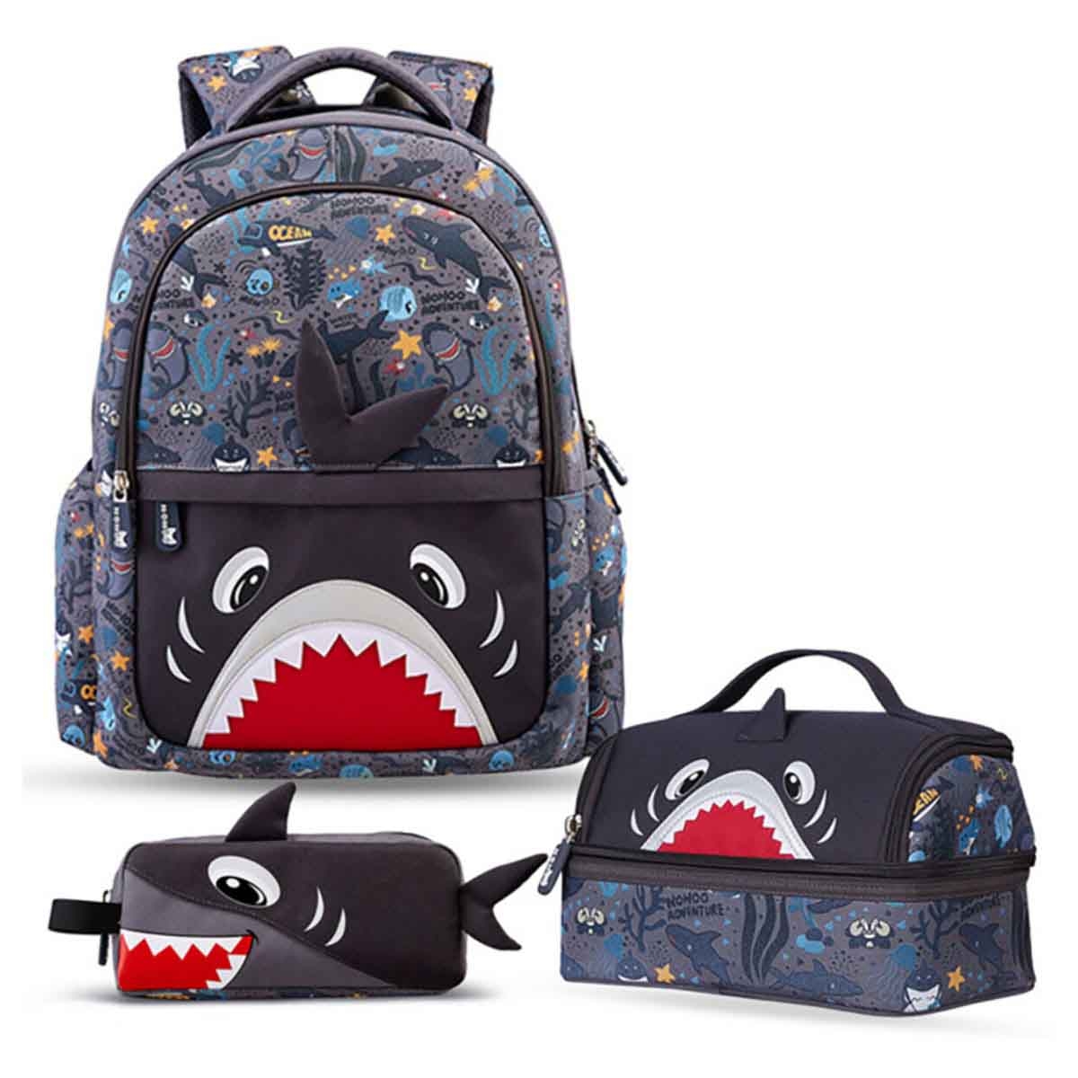 نوهو مجموعة 3 في 1 حقيبة مدرسية 16 إنش بتصميم سمكة القرش مع حقيبة غداء وحقيبة أقلام