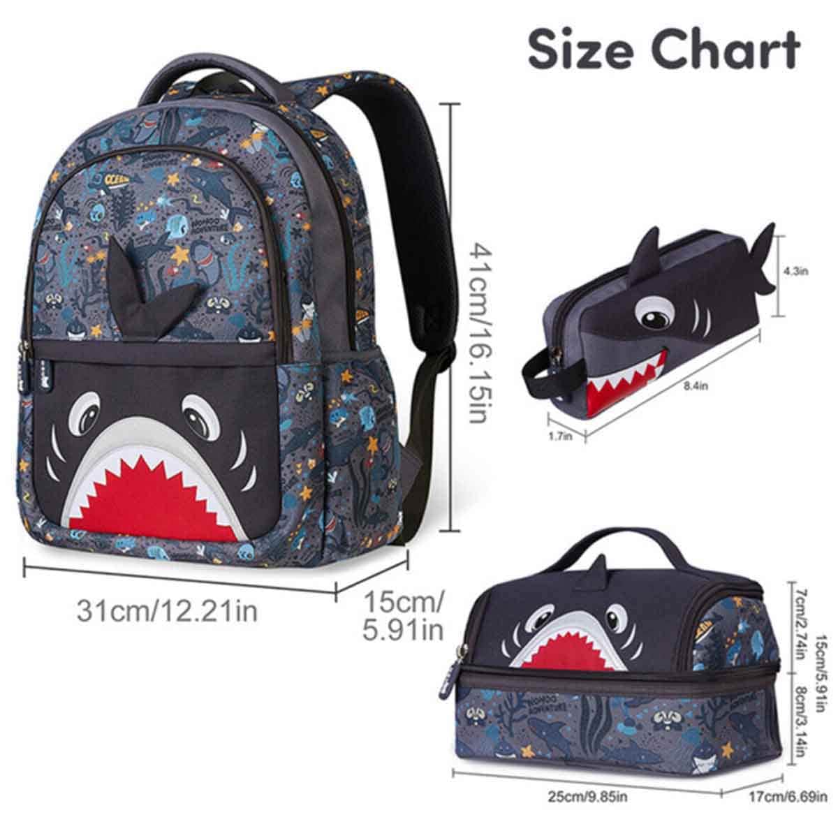 Nohoo Kids 16" Shark 3-in-1 School Bag with Lunch Bag & Pencil Case