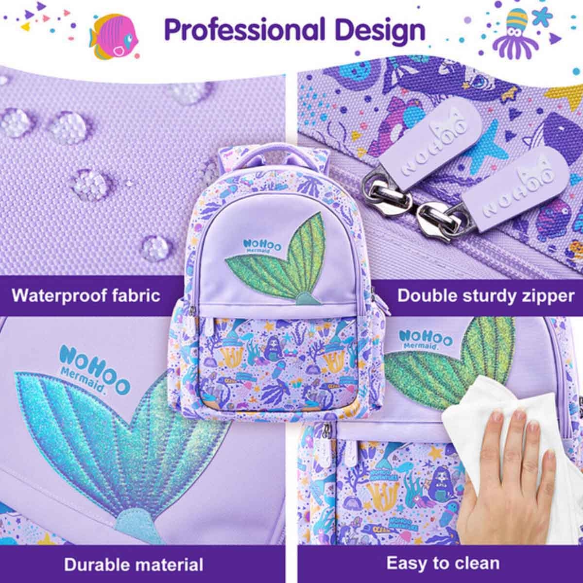 Nohoo Kids 16" Purple Mermaid School Bag with Lunch Bag Combo