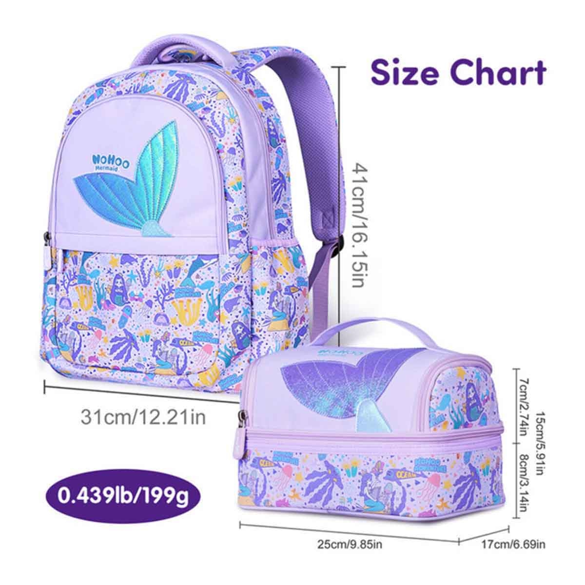 Nohoo Kids 16" Purple Mermaid School Bag with Lunch Bag Combo