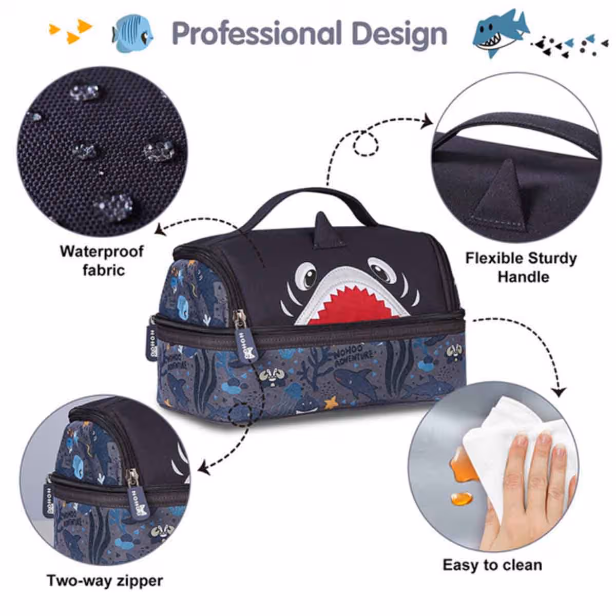 Nohoo Kids 16" Shark School Bag with Lunch Bag Combo
