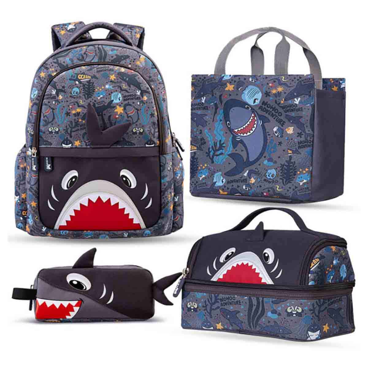 Nohoo Kids 16" Shark 4-in-1 School Bag with Lunch Bag, Handbag & Pencil Case