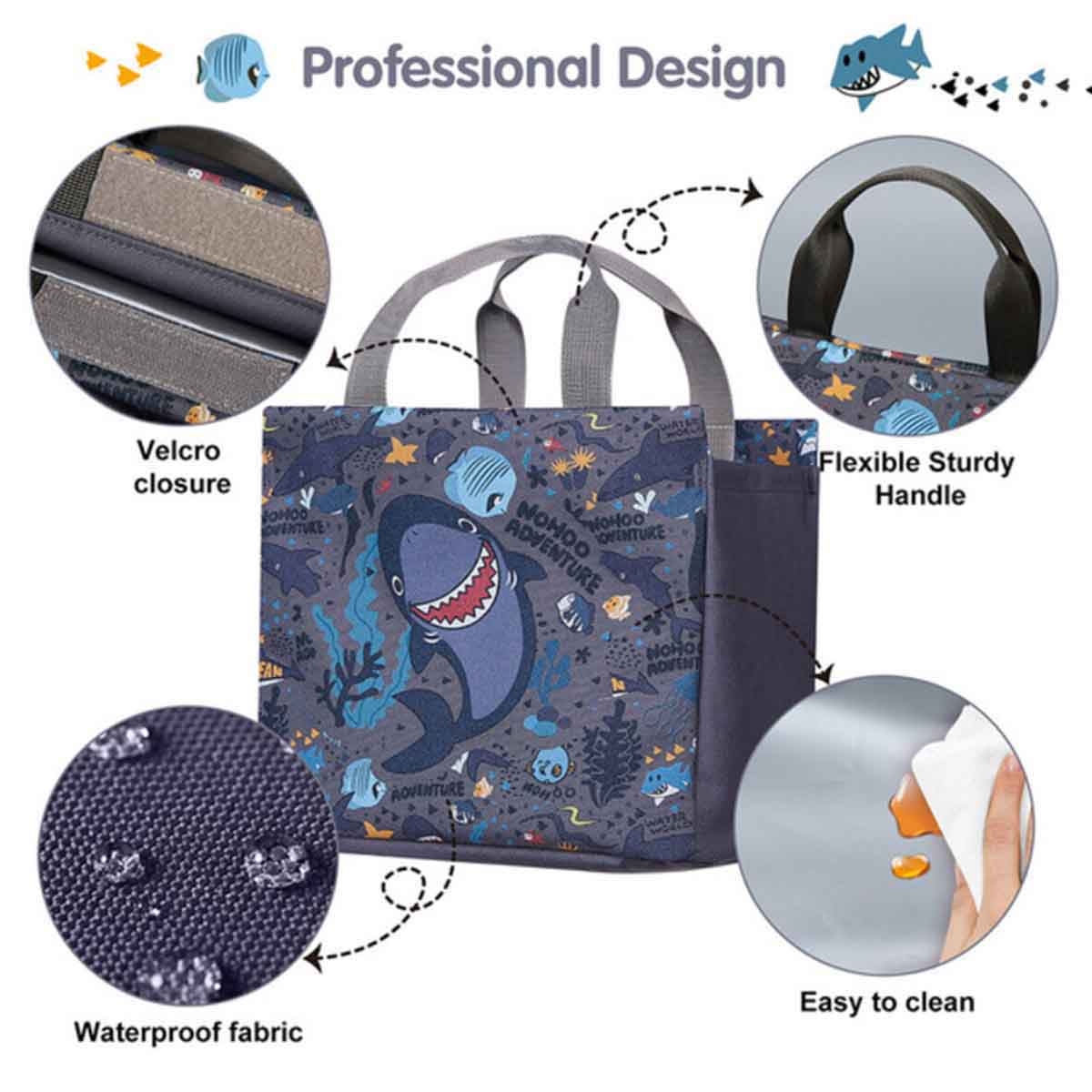 نوهو مجموعة 4 في 1 حقيبة مدرسية 16 إنش بتصميم سمكة القرش مع حقيبة غداء وحقيبة يد وحقيبة أقلام