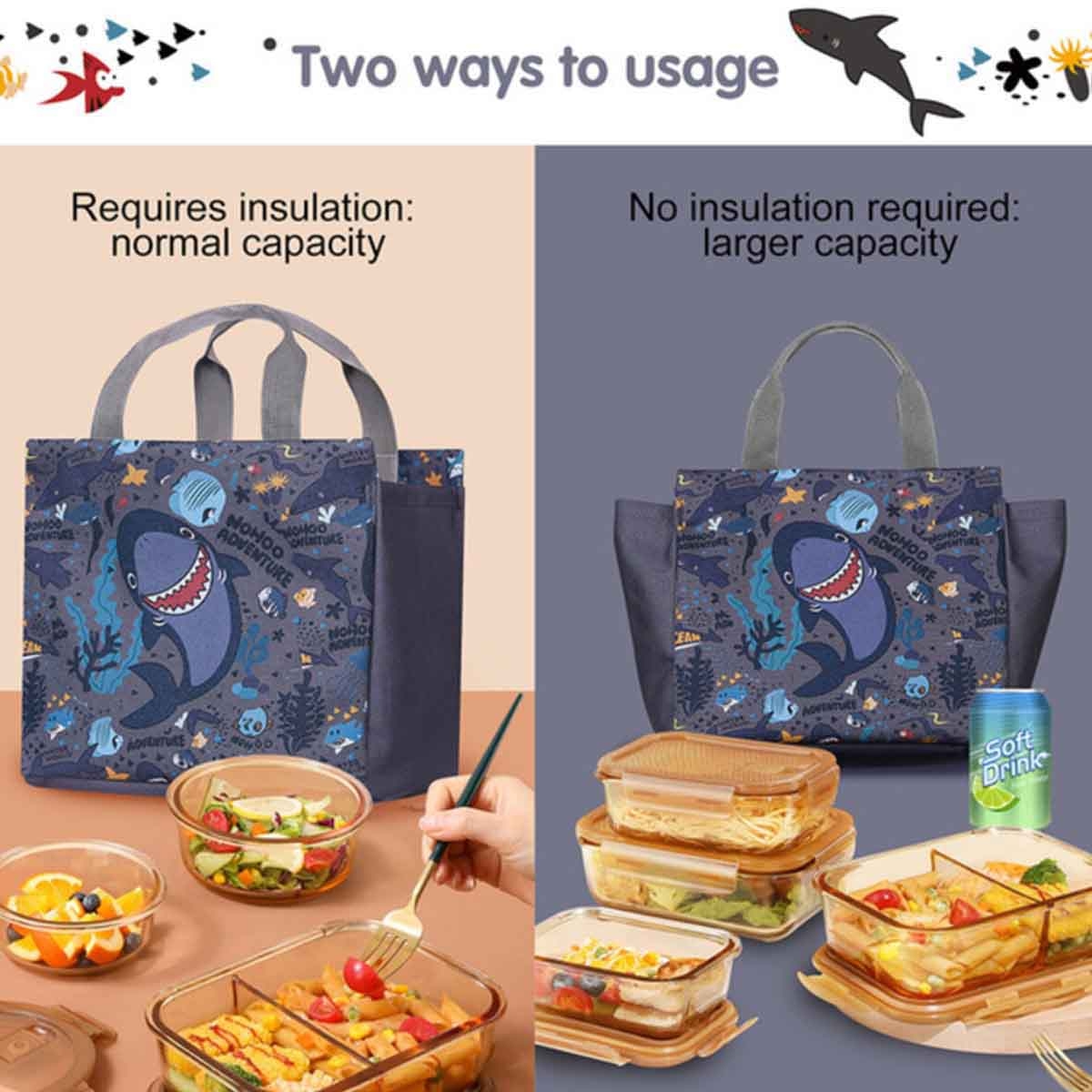 نوهو حقيبة غداء/يد للأطفال بتصميم سمكة القرش