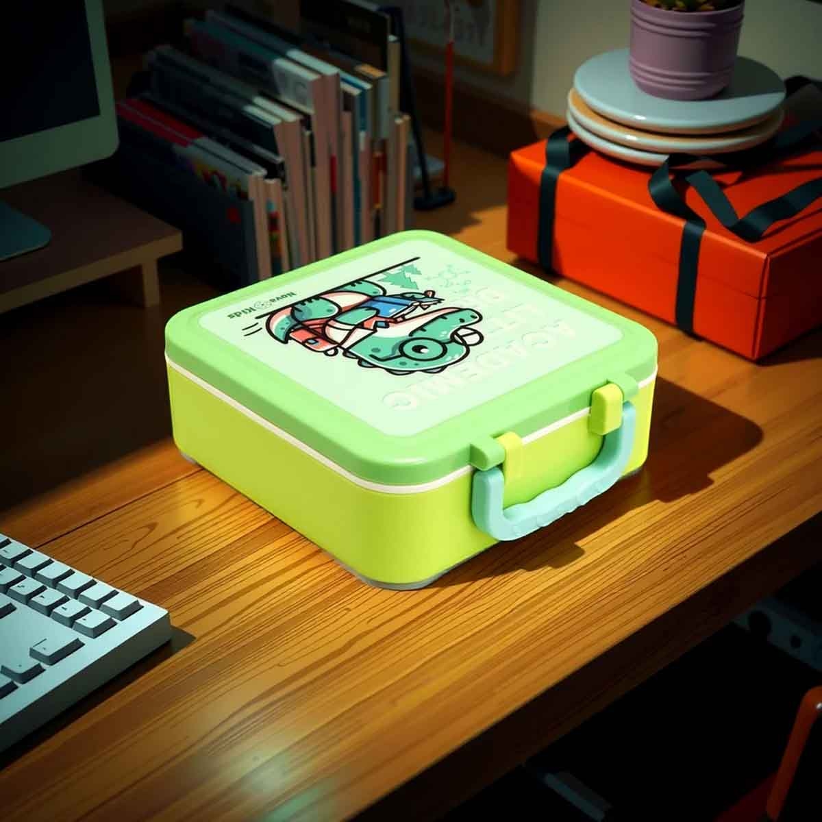 Nova Kids 1.5L Dino 3-Compartment Bento Lunch Box with Spoon & Fork Set & Gravy Box