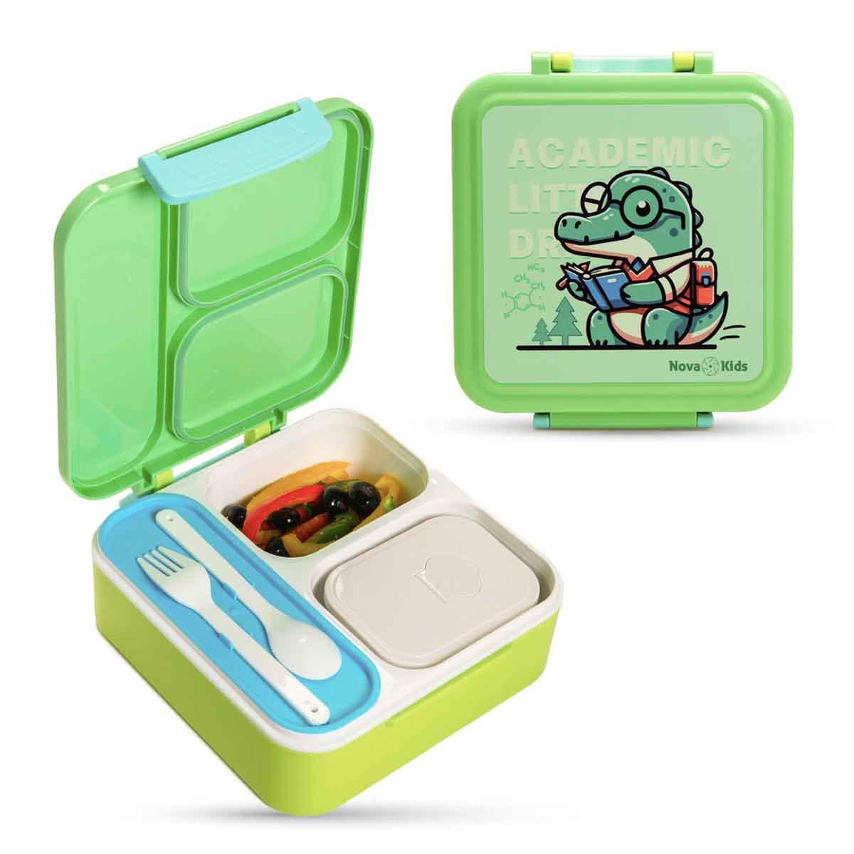Nova Kids 1.5L Dino 3-Compartment Bento Lunch Box with Spoon & Fork Set & Gravy Box