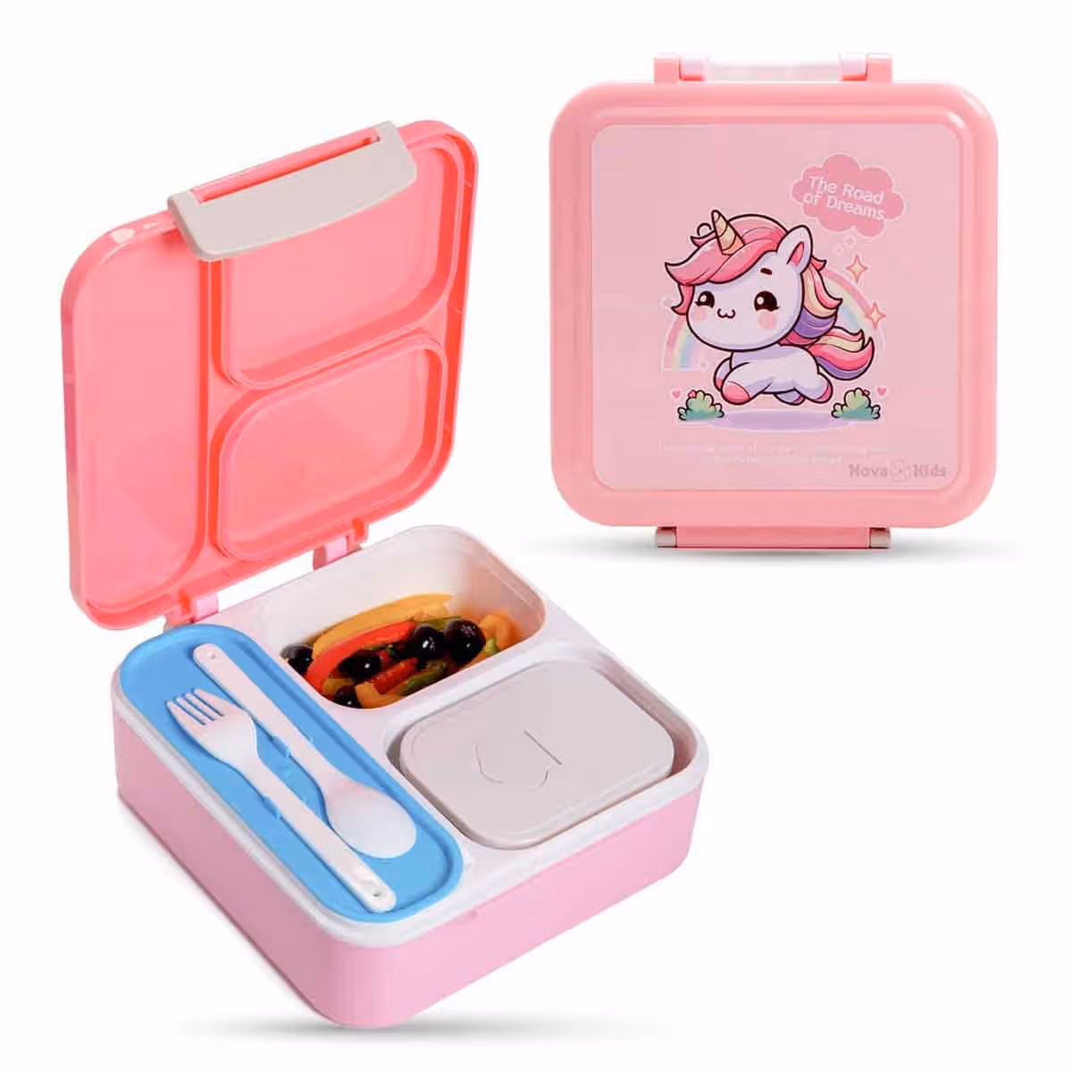 Nova Kids 1.5L Unicorn 3-Compartment Bento Lunch Box with Spoon & Fork Set & Gravy Box