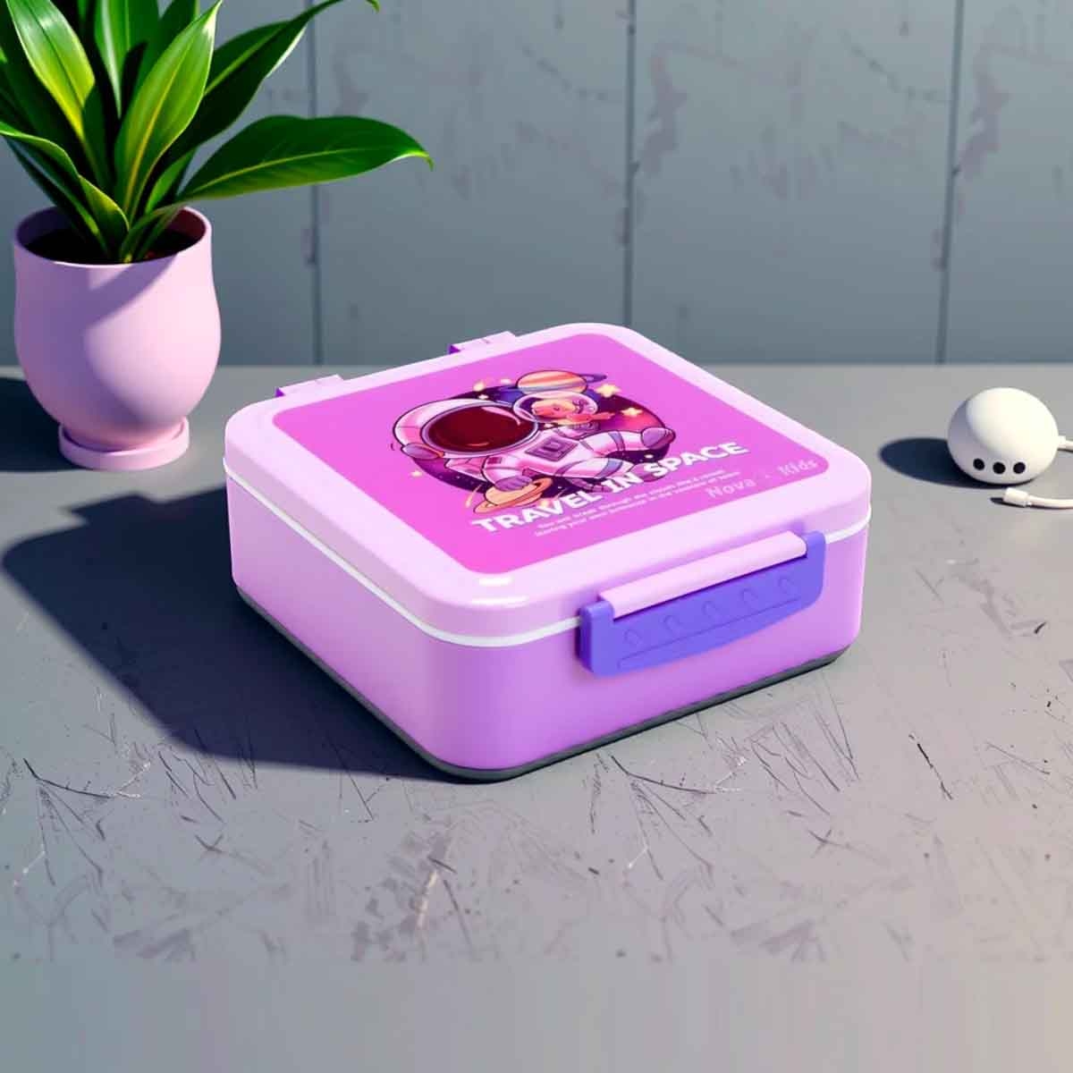 نوفا كيدز صندوق غداء بنتو بسعة 1.5 لتر بتصميم رائد فضاء بثلاثة أقسام مع زجاجة ماء ومجموعة ملعقة وشوكة