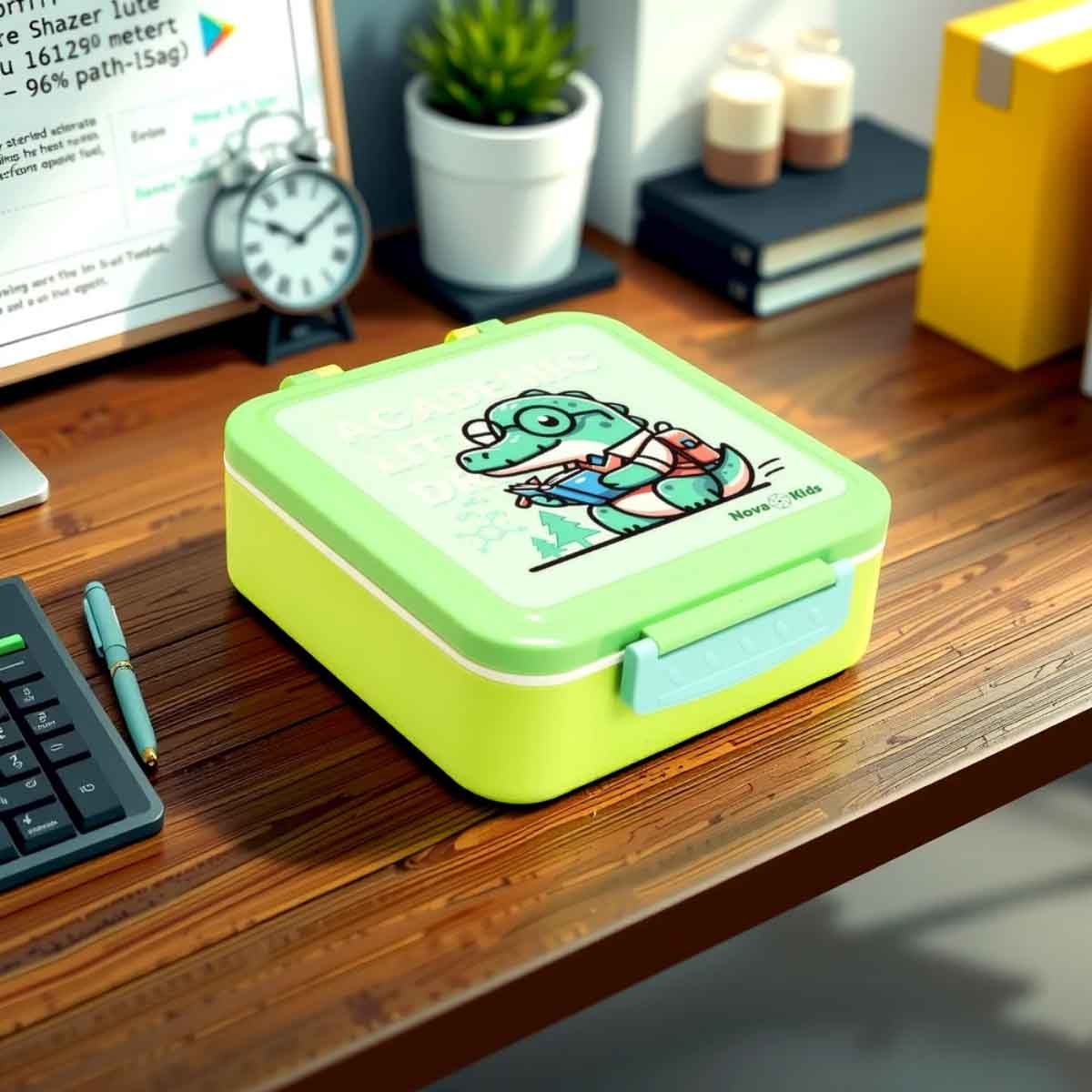 نوفا كيدز صندوق غداء بنتو بسعة 1.5 لتر بتصميم دينو بثلاثة أقسام مع زجاجة ماء ومجموعة ملعقة وشوكة