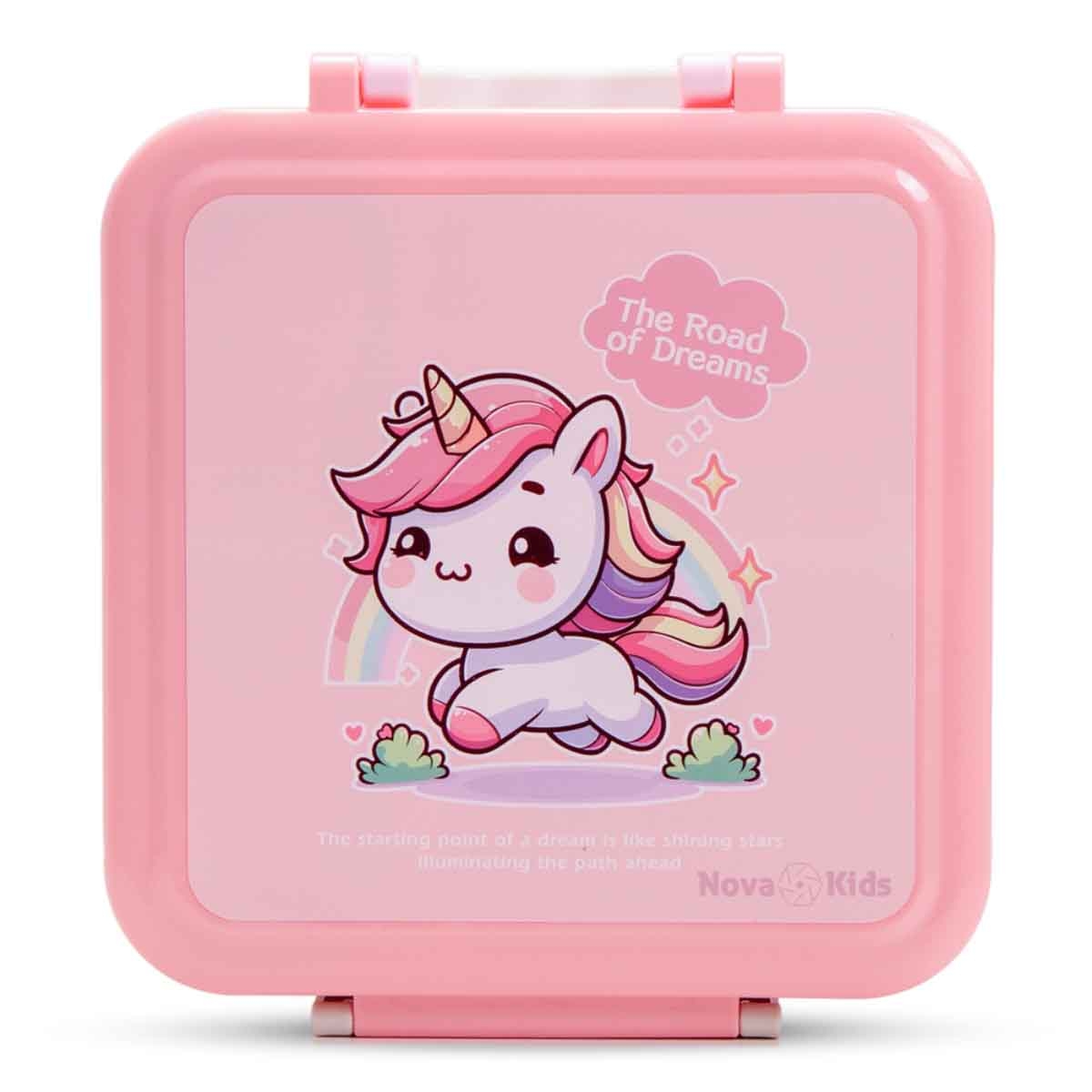 Nova Kids 1.5L Unicorn 3-Compartment Bento Lunch Box with Water Bottle, Spoon & Fork Set