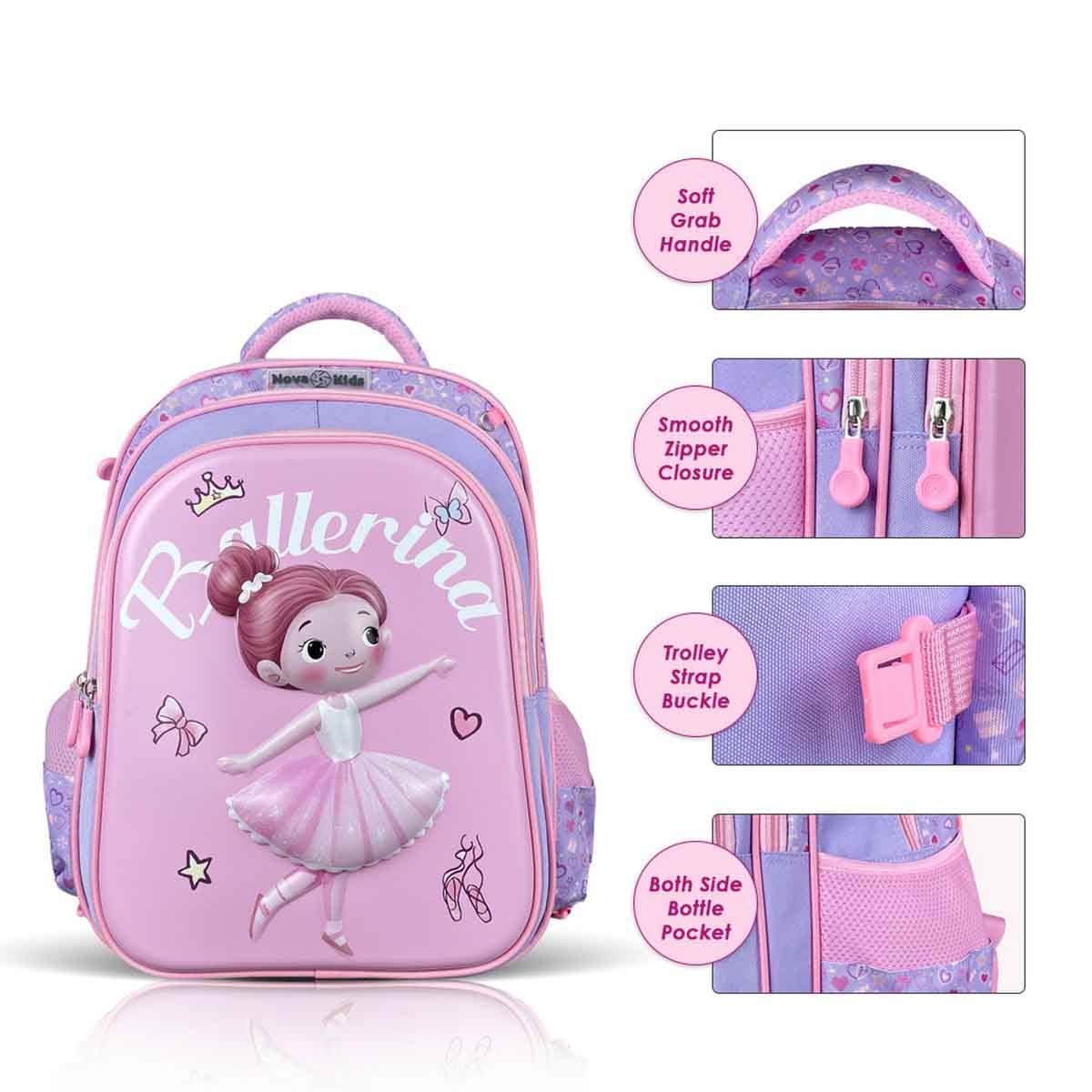 نوفا كيدز حقيبة مدرسية ثلاثية الأبعاد مقاس 16.5 إنش بتصميم باليرينا مع عربة