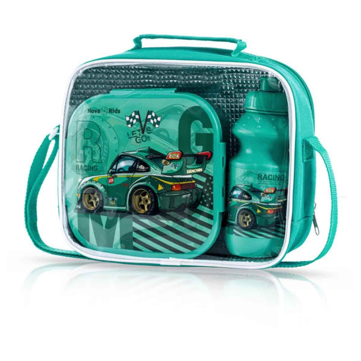 Nova Kids Racing Green Lunch Box & Water Bottle with Lunch Bag