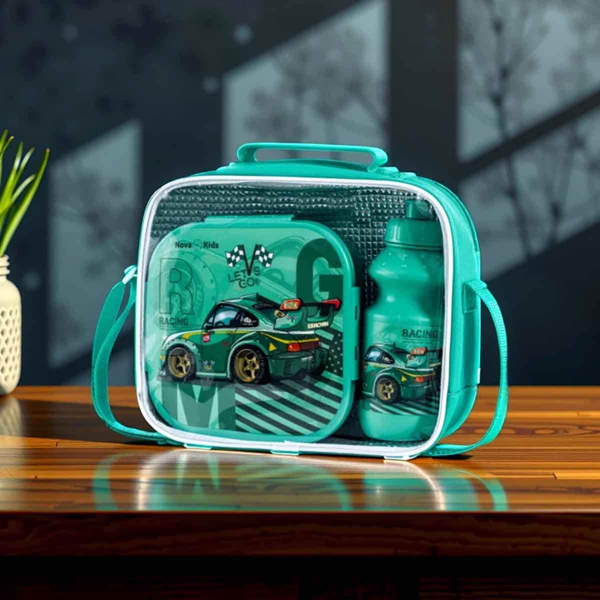 Nova Kids Racing Green Lunch Box & Water Bottle with Lunch Bag