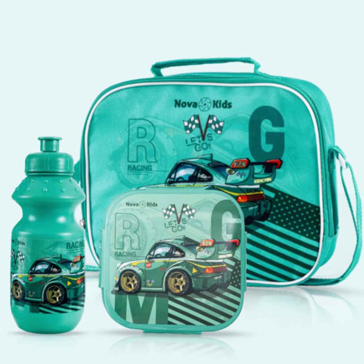 Nova Kids Racing Green Lunch Box & Water Bottle with Lunch Bag