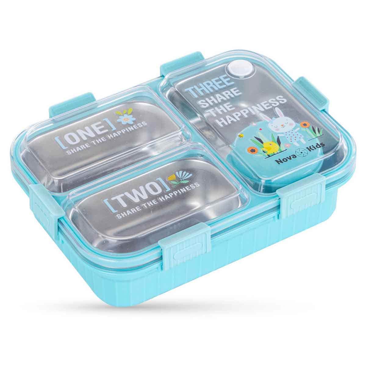 Nova Kids Stainless Steel 3-Compartment Bento Lunch Box Spoon & Fork Set