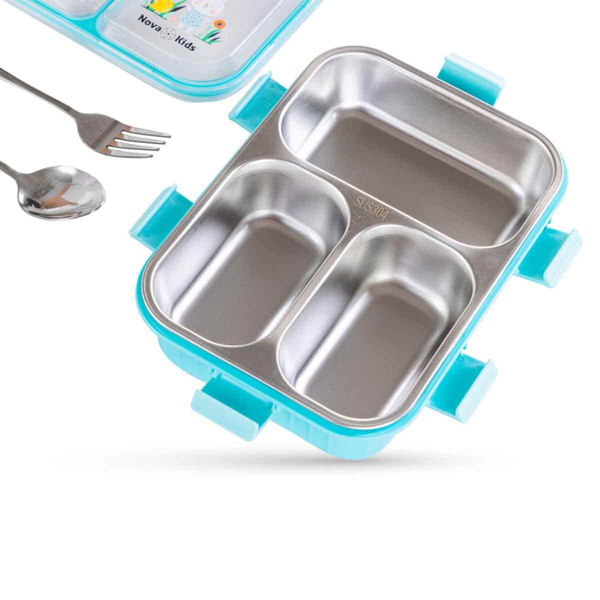 Nova Kids Stainless Steel 3-Compartment Bento Lunch Box Spoon & Fork Set