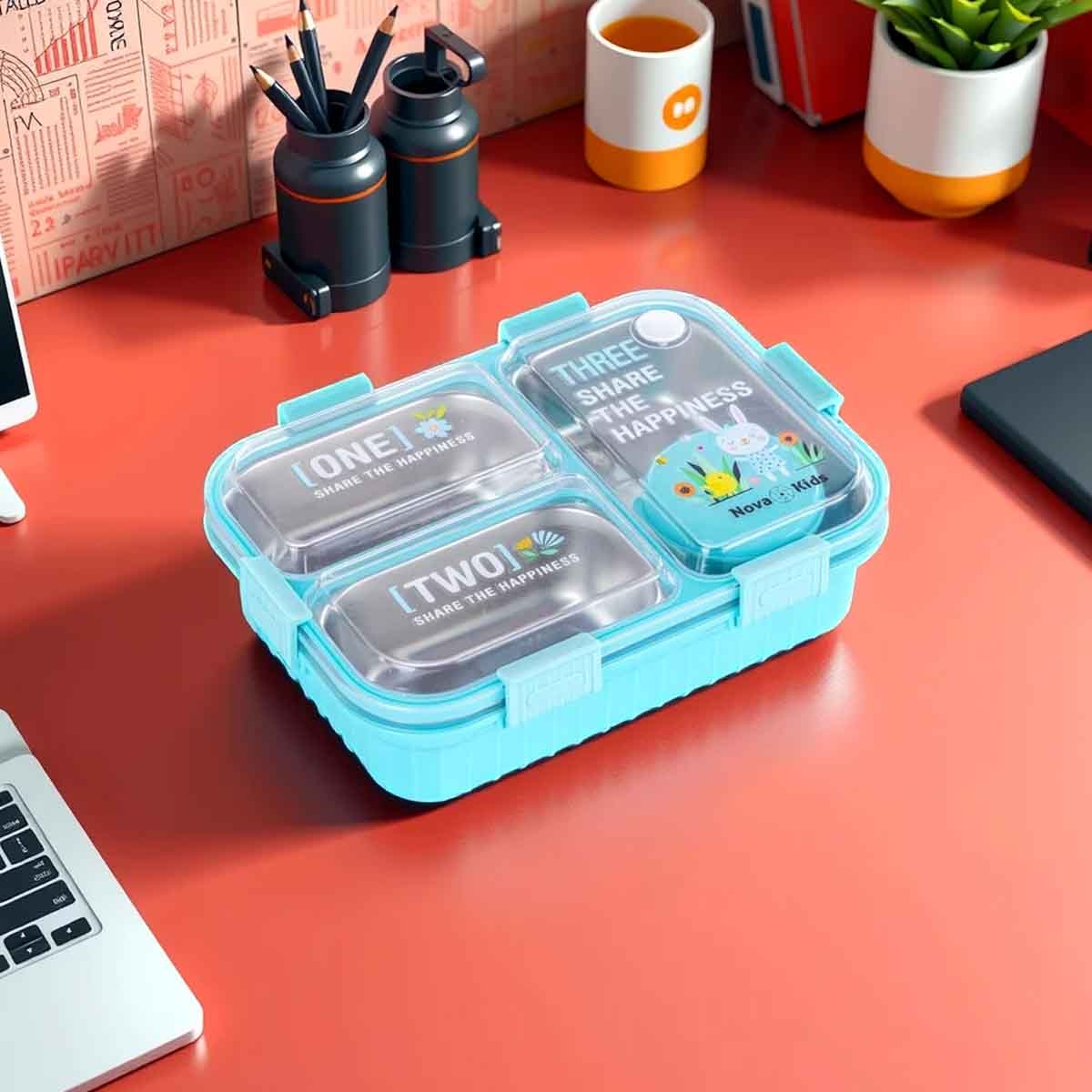 نوفا كيدز صندوق غداء بنتو ستانلس ستيل بثلاثة أقسام مع مجموعة ملعقة وشوكة