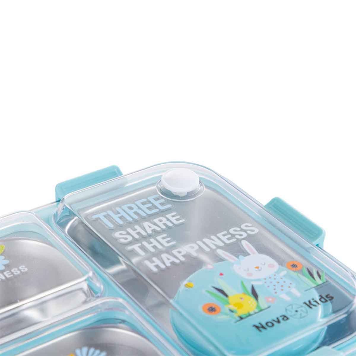 نوفا كيدز صندوق غداء بنتو ستانلس ستيل بثلاثة أقسام مع مجموعة ملعقة وشوكة