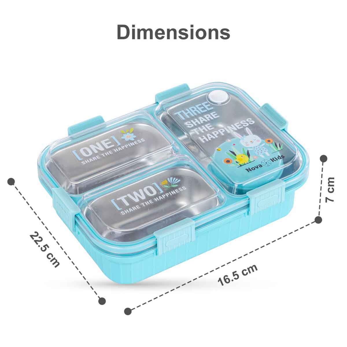 نوفا كيدز صندوق غداء بنتو ستانلس ستيل بثلاثة أقسام مع مجموعة ملعقة وشوكة