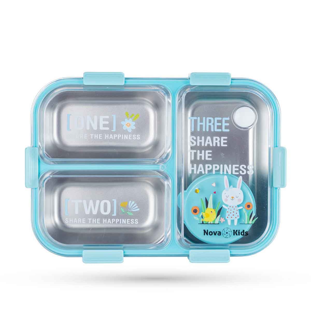 نوفا كيدز صندوق غداء بنتو ستانلس ستيل بثلاثة أقسام مع مجموعة ملعقة وشوكة