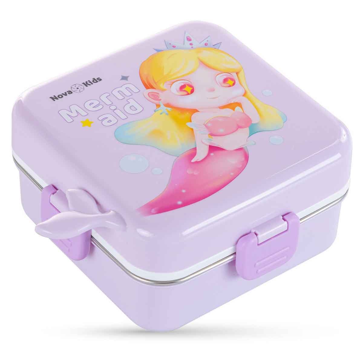 نوفا كيدز صندوق غداء بنتو بسعة 1.5 لتر بتصميم ميرميد بثلاثة أقسام مع مجموعة ملعقة وصندوق صلصة