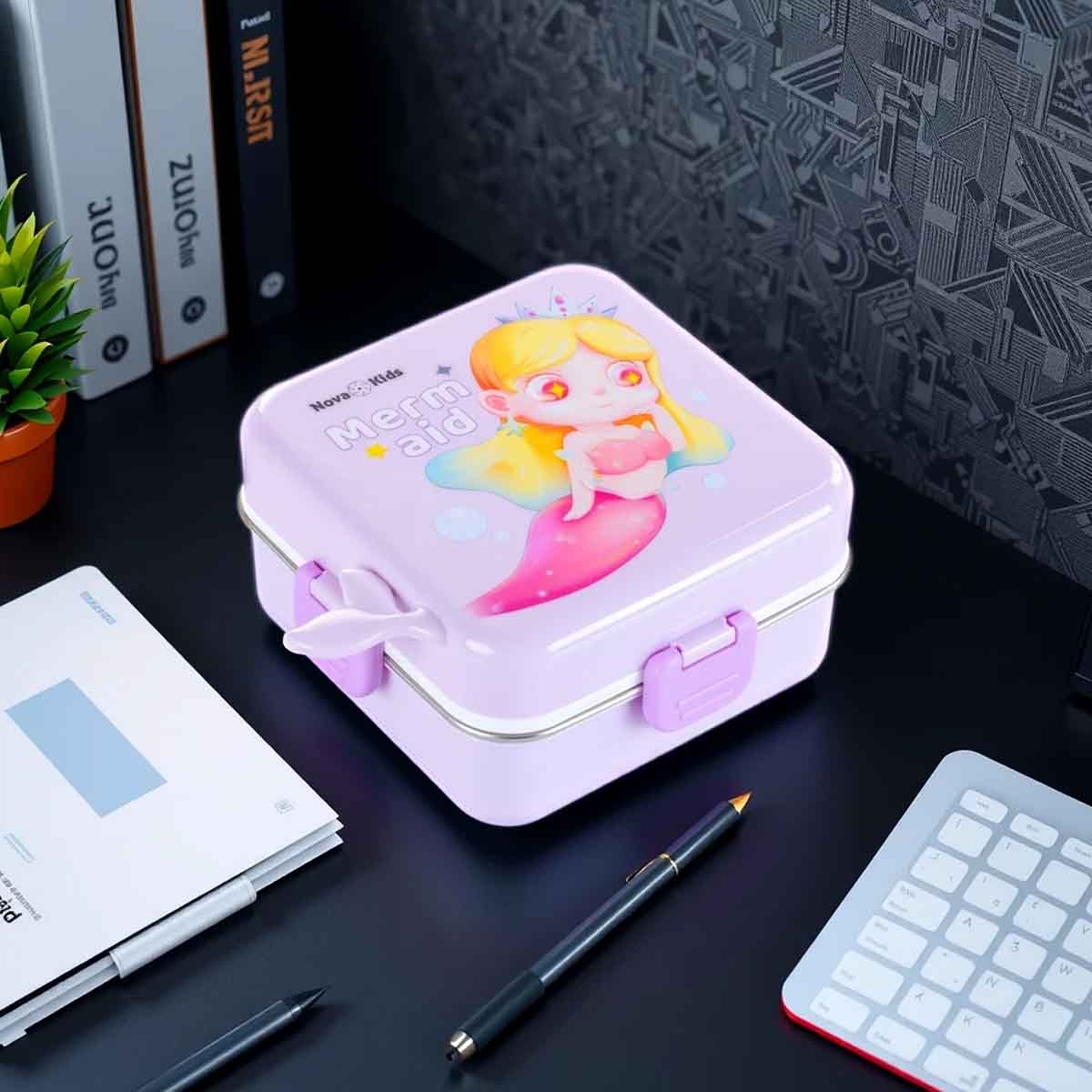 نوفا كيدز صندوق غداء بنتو بسعة 1.5 لتر بتصميم ميرميد بثلاثة أقسام مع مجموعة ملعقة وصندوق صلصة