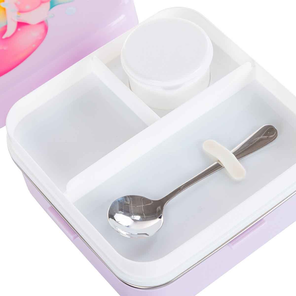 نوفا كيدز صندوق غداء بنتو بسعة 1.5 لتر بتصميم ميرميد بثلاثة أقسام مع مجموعة ملعقة وصندوق صلصة